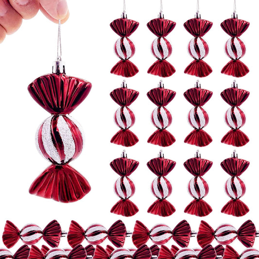 24 Pieces Shatterproof Xmas Candies Ornaments，Christmas Candy Ornaments Hanging Glitter with Ropes for Christmas Tree Candy Cane Home Party Holiday Supplies Decorations