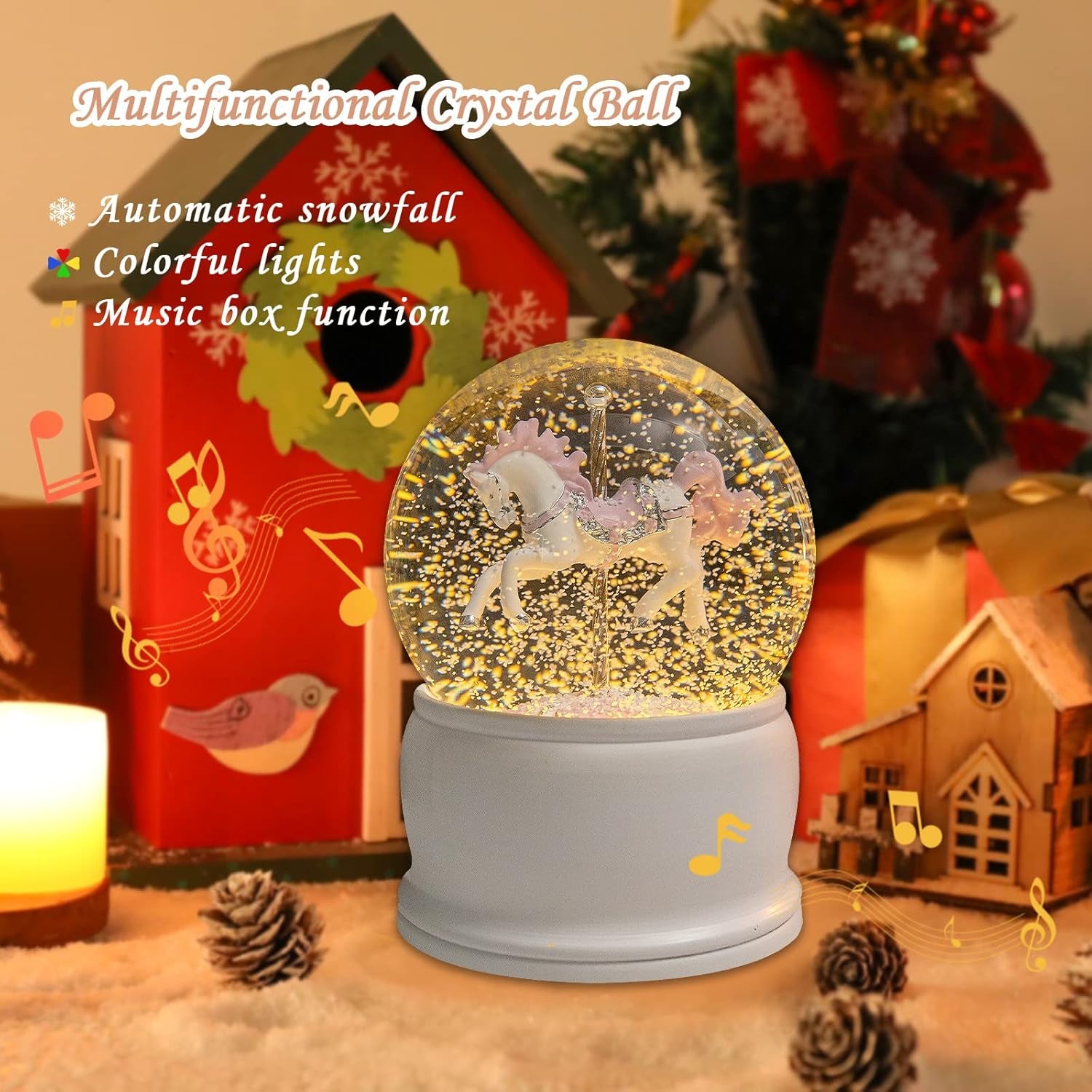 Snow Globes Musical for Girls Snow Globes Collectibles Christmas Snow Globes Cute Animal Pink Horse Snow Globe for Women Kids Birthday Gift Home Decor