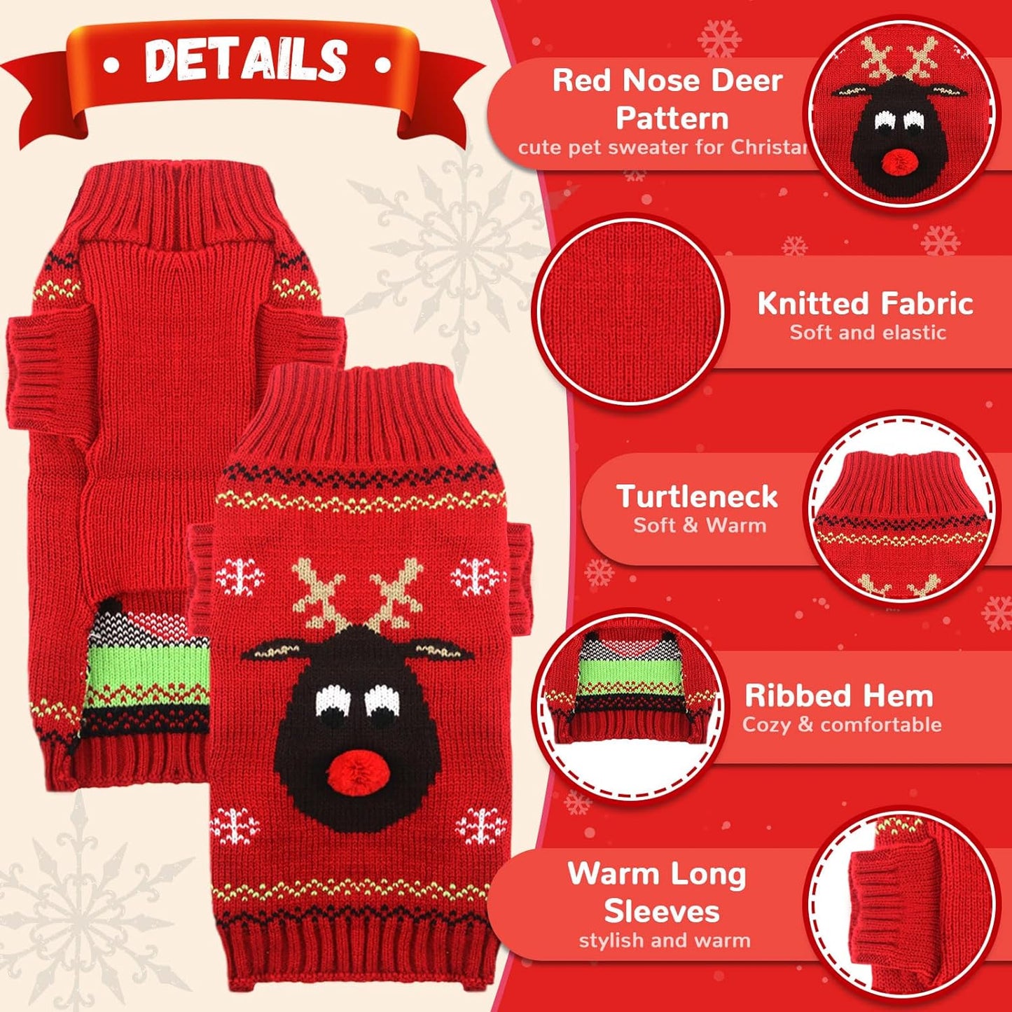 Ugly Christmas Dog Sweater Reindeer Xmas Dog Outfits Pet Dog Holiday Costumes Red Puppy Cat Winter Knitwear Clothes Turtleneck Warm Jumper Clothes for Small Medium Large Dogs(Red,M)